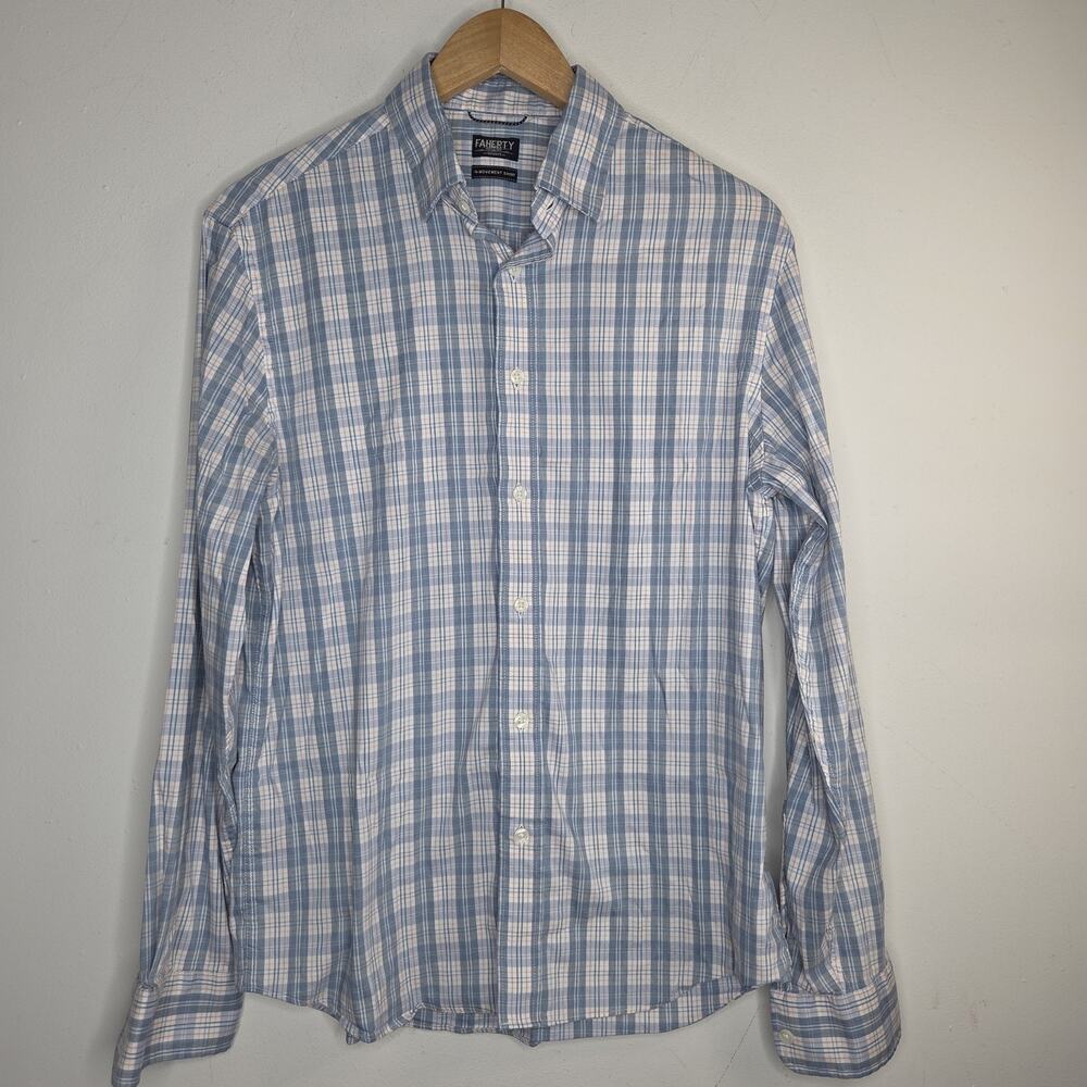 Faherty Reserve The Movement Shirt Mens M Blue White Plaid Stretch Cotton